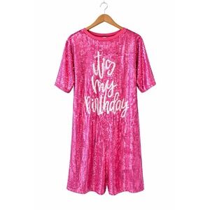 WHY Dress It's My Birthday Pink Sequin Shirt Dress Tunic Party Graphic OS Womens